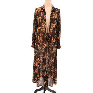 Ember Sheer Mesh Floral Duster Kimono Size L Black Orange Boho Swim Cover Size L